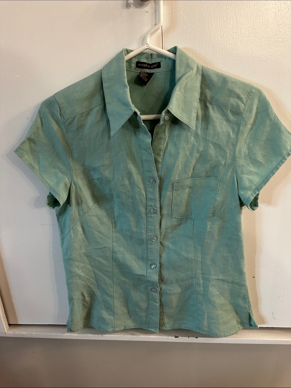 Ecologie Sage Green 100% Linen Button Front Blouse Short Sleeve Top Women Small